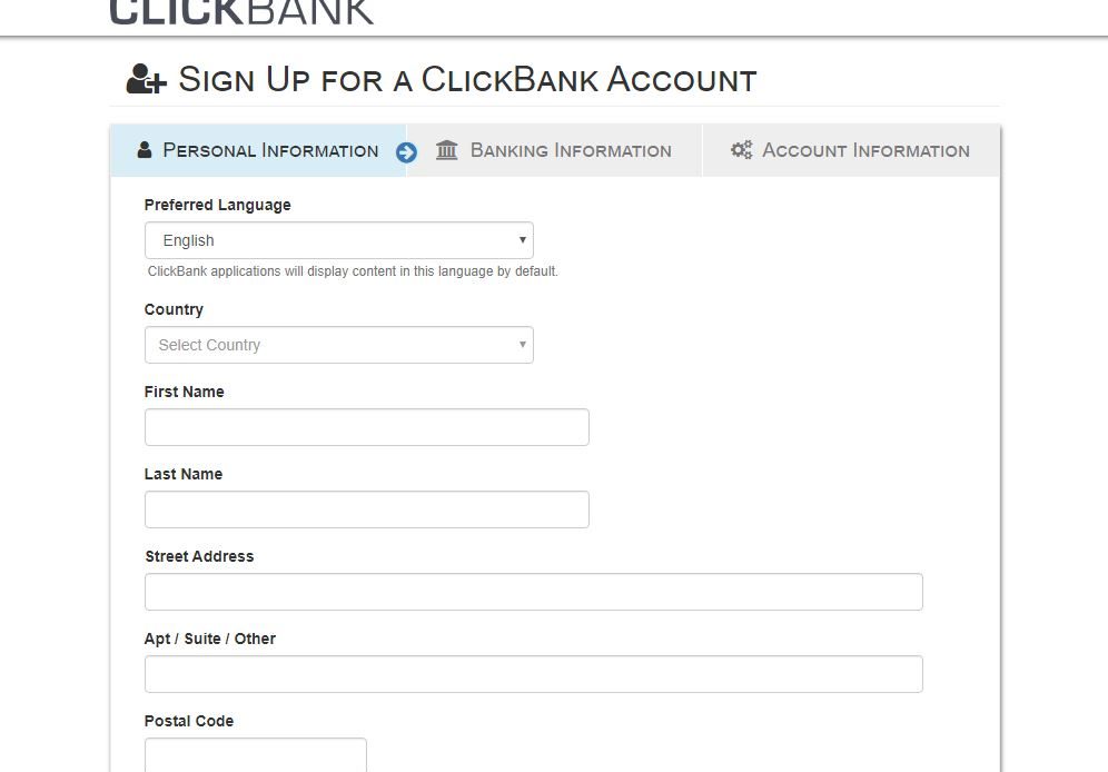 Clickbank sign up page